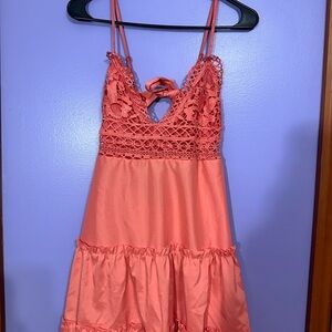 Elegant Coral Lace Trim Dress